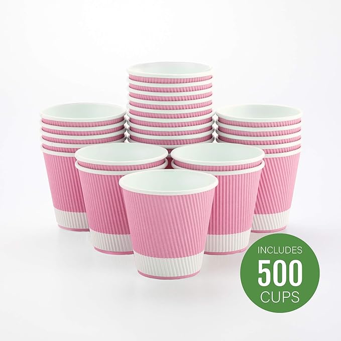 Restaurantware 8 Ounce Double Wall Disposable Coffee Cups, 500 Insulated Light Pink Paper Tumblers, with Ripple Wall Design, Lids Sold Separately for Hot Drinks like Tea, Coffee and More