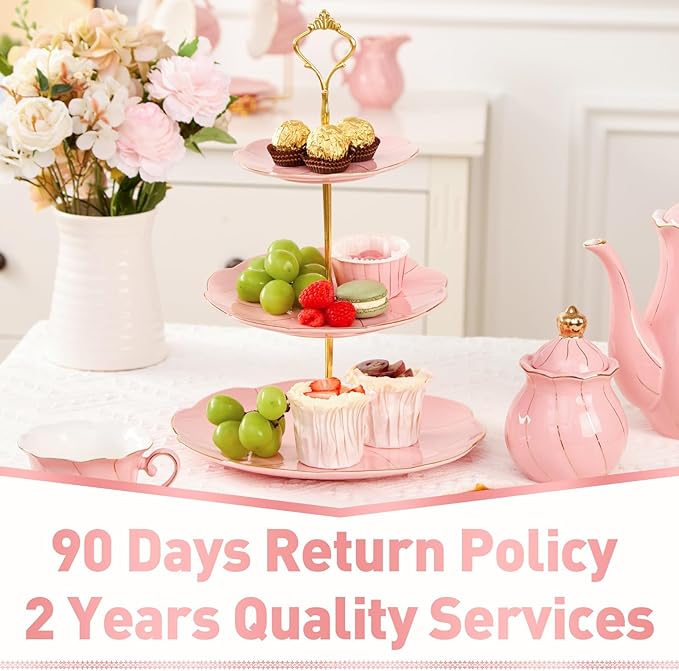 DUJUST Luxury Porcelain 3-Tier Cupcake Stand Tower, British Style Serving Tray with Golden Trim, Food Grade Dessert Display Stand, Beautiful Gift for Tea Party & Home Décor - Pink