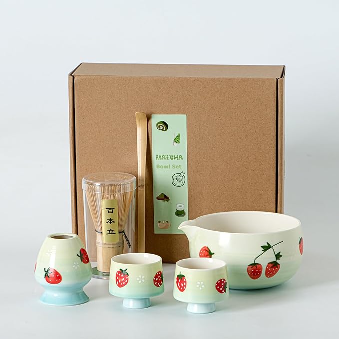 Matcha Whisk Set, Cute Strawberry Matcha Bowl Set with 2 Cups, Bamboo Whisk, Scoop & Holder, Matcha Kit Gift for Tea Lovers and Tea Ceremony, Birthday, Anniversary