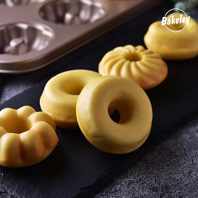 Donut Mold Cake Pan, 12-Cavity Non-Stick Ring Doughnut Bakeware for Oven Baking (Champagne Gold)