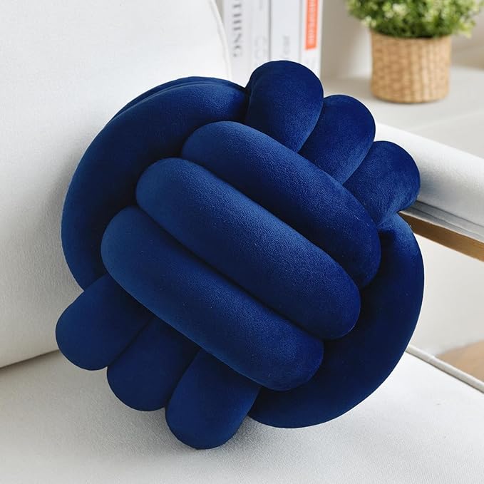 Decorative Throw Knot Pillow Ball for Home Chair Sofa Couch Bed Aesthetic Round Velvet Knotted Pillow Cushion (Navy Blue, 8 inches)