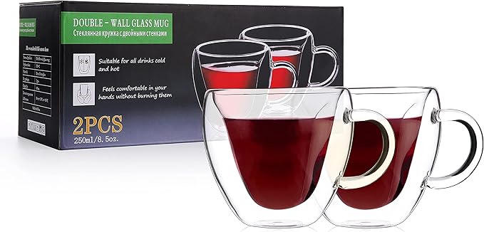 CNGLASS Mothers Day Gifts for Mom,Double Wall Heart Shaped Glass Coffee Mugs 8.5oz,Insulated Clear Tea Cups with Handle,Unique Glass Espresso Mugs for Coffee,Cappuccino,Latte,Milk,Set of 2