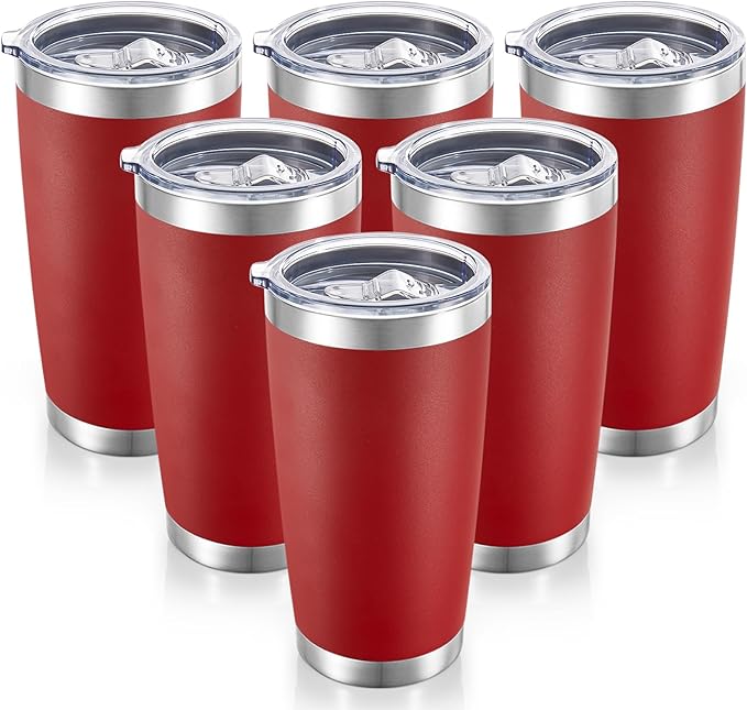 20 oz Tumblers Bulk Stainless Steel Tumbler with Lid Double Wall Vacuum Insulated Coffee Mug 20oz Powder Coated Cup for Hot and Cold Drinks, Red, 6 pack