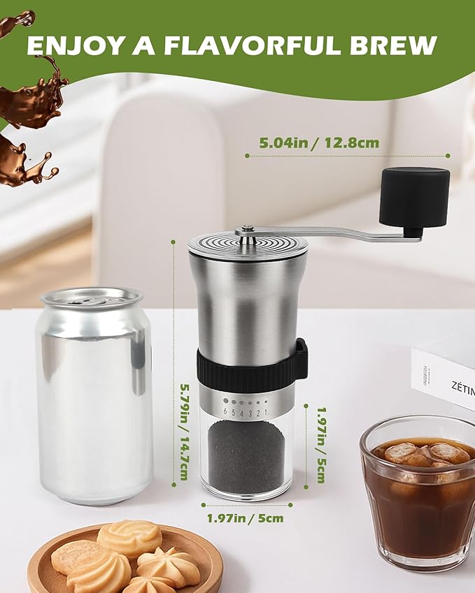 Manual Coffee Grinder with Stainless Steel Burr - 1.12oz Capacity Handheld Mill for Espresso, Drip, Cold Brew with 6 Adjustable Settings & Quiet -Extra Fine Grinding (Stainless Steel Burr)