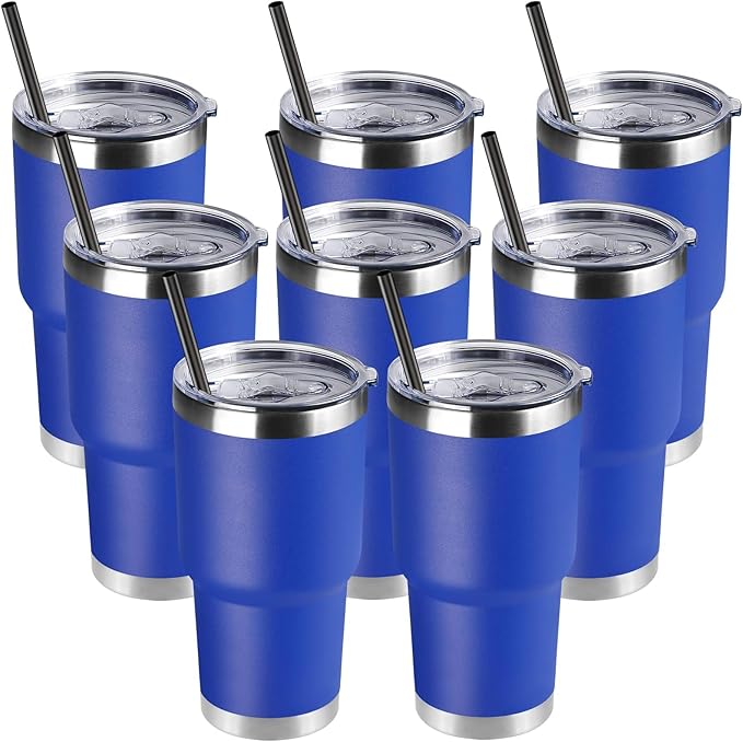 DOMICARE 30oz Tumbler Bulk with Lid and Straw, Double Wall Travel Coffee Mug, Insulated Vacuum Stainless Steel Tumblers, Powder Coated Tumbler Cup (Dark Blue, 8)