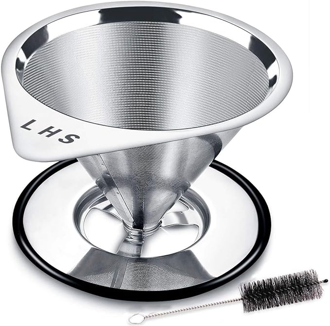 LHS Pour Over Coffee Dripper Stainless Steel Coffee Filter Metal Cone Filter Paperless Reusable Coffee Filter Single Cup Coffee Maker 1-4 Cup With Non-slip Cup Stand and Cleaning Brush