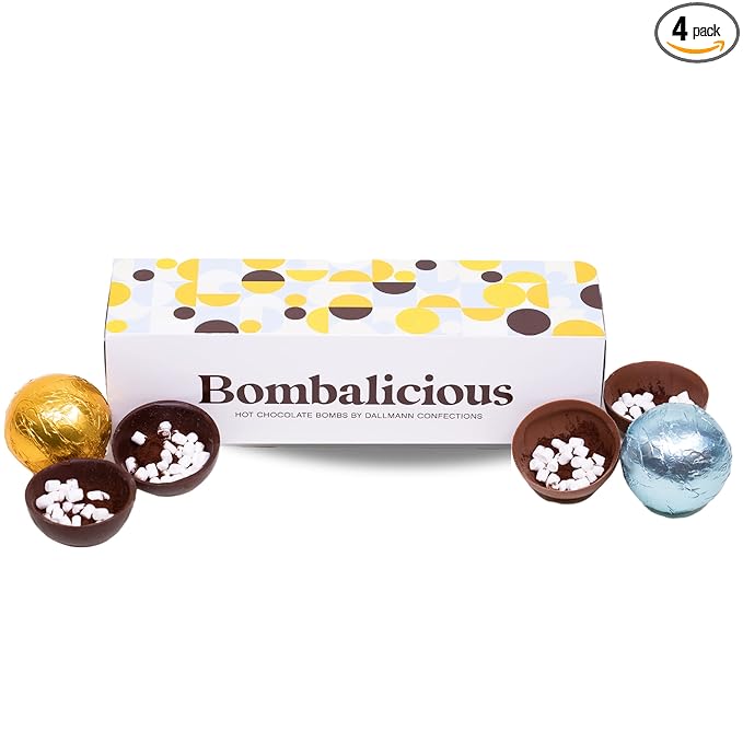 Dallmann Confections Bombalicious Hot Chocolate Bombs - Gourmet Belgian Chocolate Bombs With Mini Marshmallows - Milk & Dark Chocolate | Ideal Gift Theme for Birthday | Parties | New Year (Pack of 4)