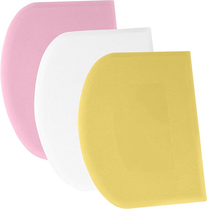 SURDOCA Dough Scraper Bench Scraper - 3P 7.1x4.9" Plastic Flexible Bowl Scraper, Sharp Edge & Angles Cake Scraper. Non-Slip Bakeware Decorating Tools Sculpting & Modeling Tools - Yellow+White+Pink