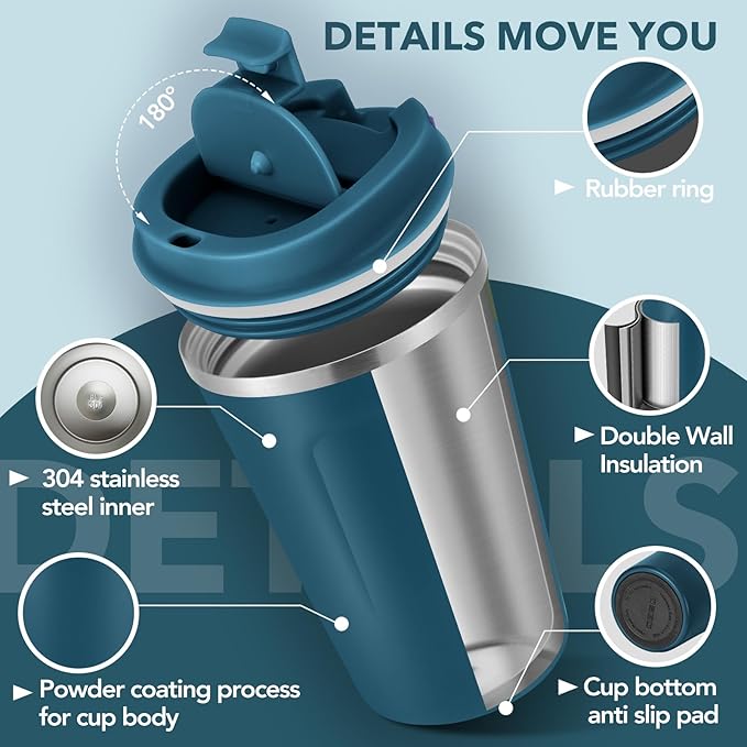 Volhoply 12 oz Double Wall Insulated Vacuum Travel Coffee Mug with Flip Lid,Reusable Stainless Steel Leak Proof Coffee Cup,Portable Iced Cafe Thermal Tumbler Suitable for Hot & Cold Drinks(Bule,1 Set)