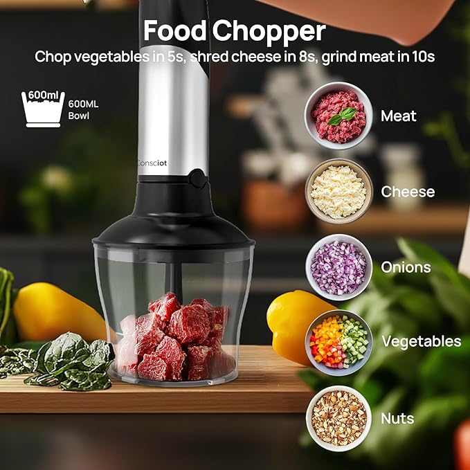Consciot 10-in-1 Immersion Blender Handheld Max 1100W with Entire Stainless Steel Blender Shaft, Trigger Speed Control, 800ml Beaker, 600ml Chopper, Beaters, Frothers, Hooks, Masher, Whisk & 600ml Cup