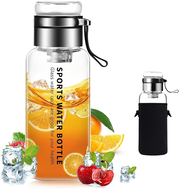 40 oz Glass Water Bottles - Large, Clear, Borosilicate Glass Water Bottle with Stainless Tea Infuser - Cup-Function Lid, Neoprene Sleeve, Strap - Wide Mouth BPA free, for Tea, Beverages, Juice