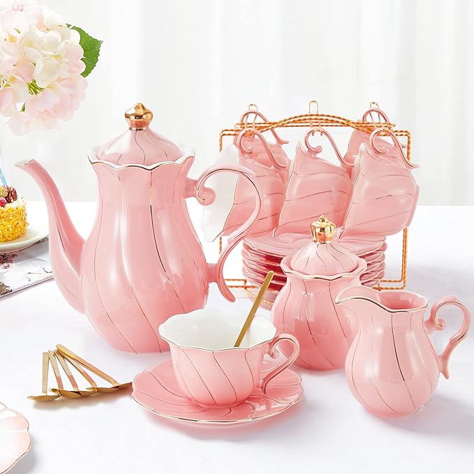 DUJUST 22 pcs Porcelain Tea Set for 6, Luxury British Style Tea/Coffee Cup Set with Golden Trim, Beautiful Tea Set for Women, Tea Party Set, Gift Package (With a Stand) - Pink