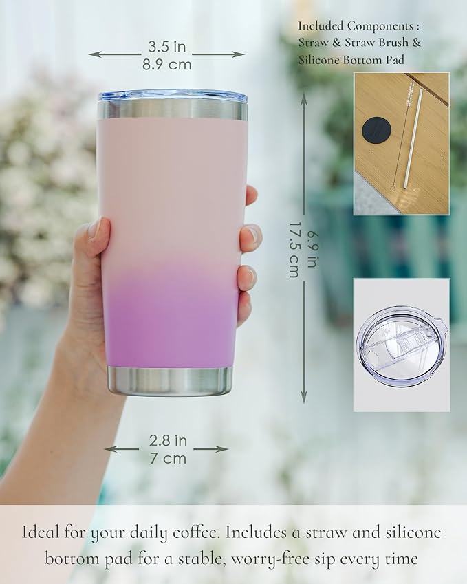 Travel Coffee Tumbler 20oz, 1 Pack Leakproof Travel Coffee Mug with Lid and Straw, Stainless Steel Double Wall Vacuum Insulated Tumbler for Hot/Iced Drinks (Textured Matte, Pink/Lilac Pink)