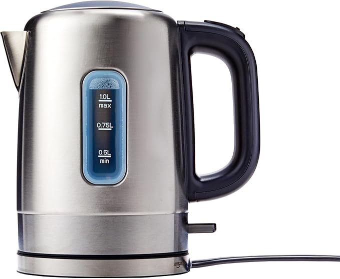 Amazon Basics Electric Stainless Steel Kettle for Tea and Coffee, BPA-Free, Fast Boiling, Auto Shut-Off, 1.1 Quarts, 1500W, Black and Silver