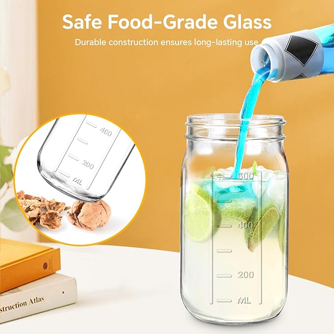 Mason Jar Pitcher, 32 OZ Glass Pitcher with Lid Double Leak-proof with Handle Water Jug Wide Mouth Breast Milk Pitcher Fridge Container for Water, Juice, Iced Coffee, Tea, Juice - Grey
