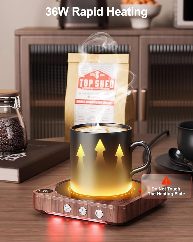 Mug Warmer - 36W Coffee Mug Warmer for Desk with Temperature Display, 2-12Hrs Auto Shut Off, Smart Candle Warmer - Ideal Coffee Gifts Accessories Keep Beverages Coffee Warmer (Wood) (Wood)