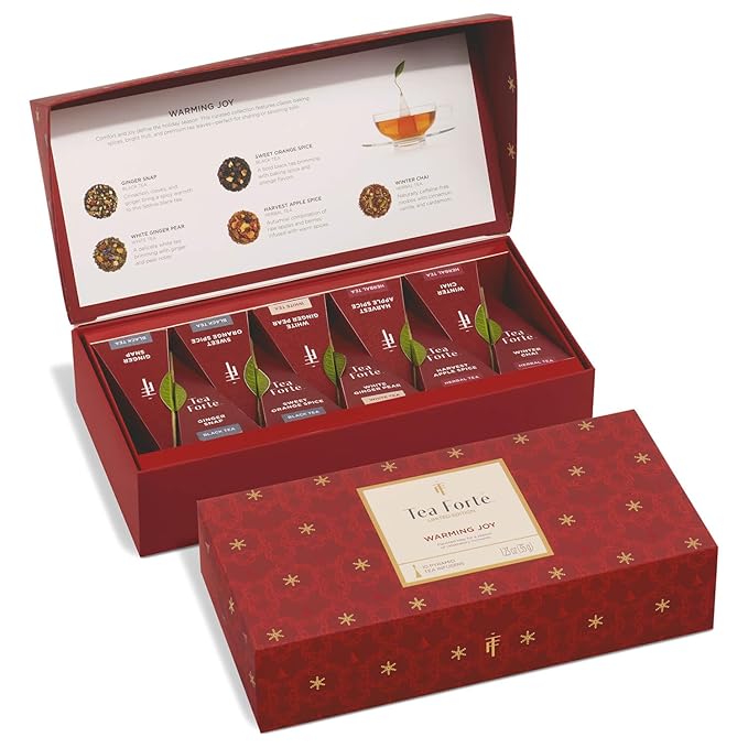 Tea Forte Warming Joy Holiday Premium Petite Presentation Box Gift Set Sampler, 10 Count, 2 of Each Blend Individually Wrapped Handcrafted Pyramid Infuser Bags