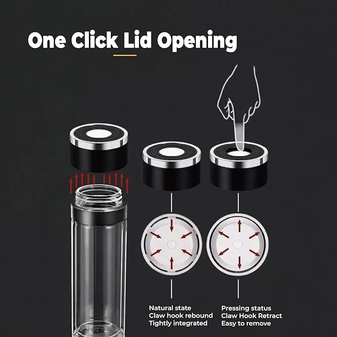 Glass Water Bottle Fits in Car Cup Holder, 14 oz Double Wall Borosilicate Glass Tea Infuser Bottle, One Handed One Key Lid Opening, for Car, Home, Office
