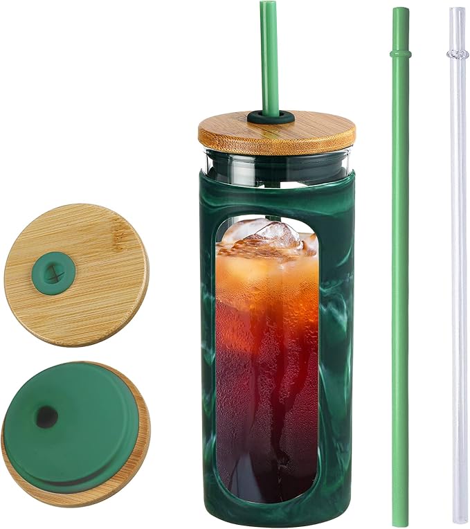 Kodrine 20oz Glass Tumbler with Straw and Lid, Iced Coffee Cups with Bamboo Lids, Glass Cups for Cold Drinks, Smoothie Cup with Silicone Sleeve for Travel, Work, BPA FREE-Green