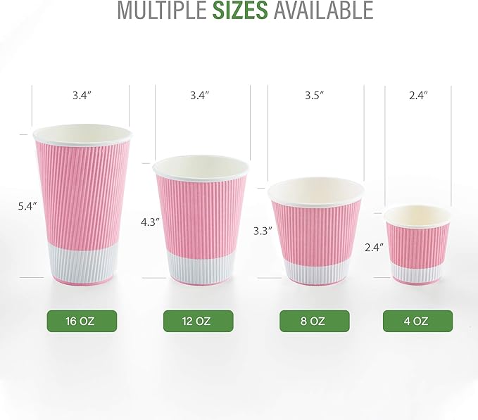 Restaurantware 8 Ounce Ripple Wall Paper Coffee Cups, 25 Leakproof Disposable Hot Drink Tumblers, Recyclable, Insulated Light Pink Design, Matching Lids available for Cups and Sold Separately