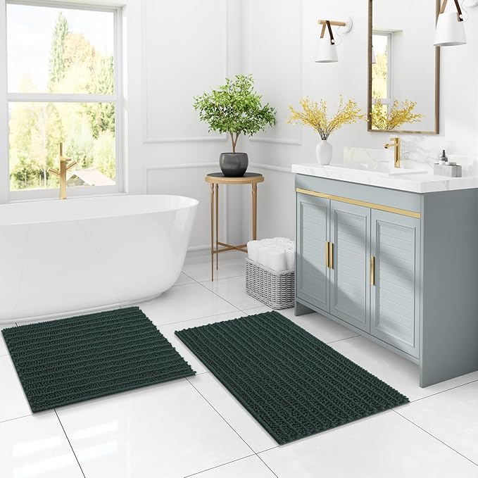Arotive Luxury Chenille Bathroom Rug Mat, Extra Soft Thick Absorbent Shaggy Bath Rugs, Non-Slip Machine Wash Dry, Plush Bath Mats for Bathroom, Shower and Tub, 60x20, Dark Green