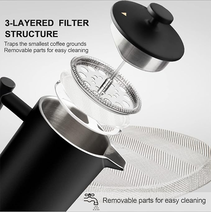 Secura French Press Coffee Maker with 3-Layer Stainless Steel Filter, 34 oz Black, Double-Walled Insulated Design with 2 Extra Filters