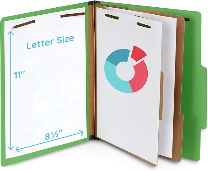 10 Green Classification Folders, 2 Divider, 2 Inch Tyvek expansions, Durable 2 Prongs Designed to Organize Standard Medical Files, Law Client Files, Office Reports, Letter Size, Green, 10 Pack