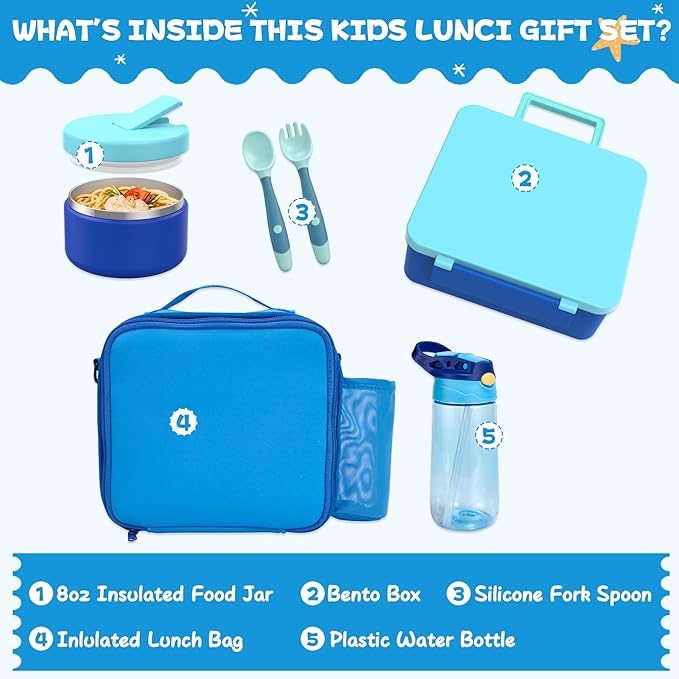Kids Bento Lunch Box with 8oz Soup Thermo, Water Bottle, Kids Leakproof Lunch Food Containers with 4 Compartment, Insulated Hot Food Jar with Lunch Bag for School, Trvael (Blue)