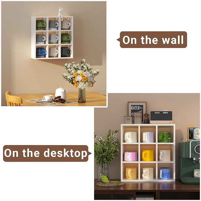 Helsin 9 Grid Vintage Coffee Mug Display Rack, 16inch Wall Mounted Wooden Curio Shadow Box Shelf, Cup Floating Shelves Display and Organizer (White)