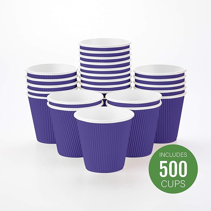 Restaurantware 8 Ounce Double Wall Disposable Coffee Cups, 500 Insulated Royal Purple Paper Tumblers with Ripple Wall Design, Lids Sold Separately for Hot Drinks like Tea, Hot Chocolate, and More