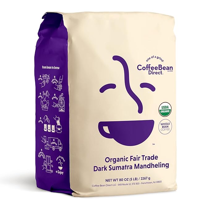 Coffee Bean Direct Organic Fair Trade Dark Sumatra Mandheling, Whole Bean Coffee, Dark Roast, 5 Pound Bag (Pack of 1)