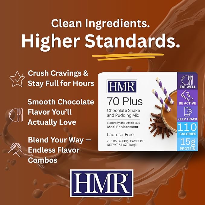 HMR 70 Plus Chocolate Shake & Pudding Mix | Meal Replacement Powder | Lactose-Free | 15g Protein | Easy to Make | Low Calorie (7.35 Ounce (Pack of 3), Chocolate)
