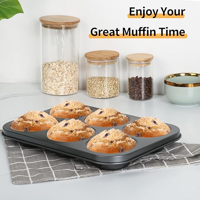Jumbo Muffin Pan 2-Pack 6-Cups Cupcake Pan, Premium Large Muffin Tin for Baking, Non-Stick and Thickened Carbon Steel Jumbo Cupcake