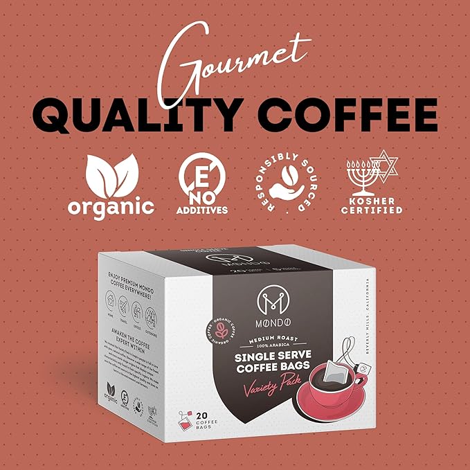 Mondo Single Serve Coffee Bags (20 Cups) Variety Pack - Organic, Medium Roast - Disposable, Portable Coffee Filters for Camping and Travel, Sampler Box of 5 Ground Coffee Flavors