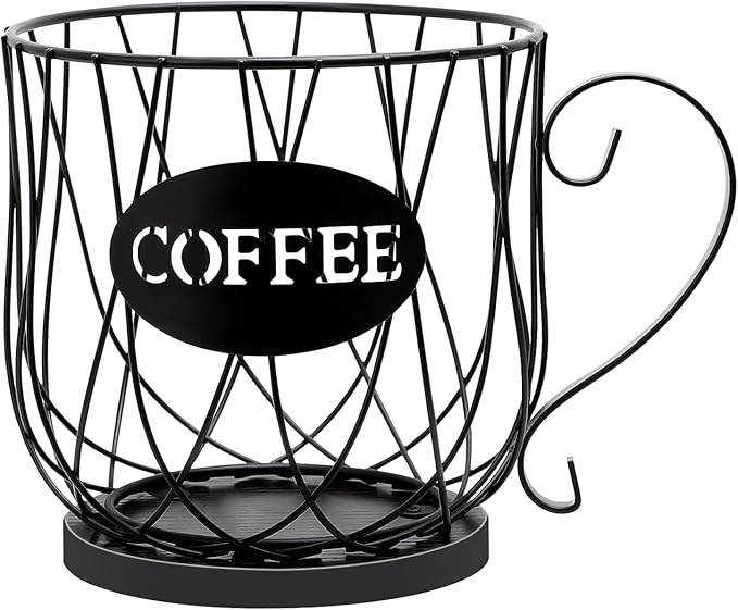 Coffee Pod Holder Organizer, Large Capacity K Cup Holder Organizer, Storage Basket for Kitchen Countertop Office Coffee Bar with Wooden Base(Rustic Black-Round)