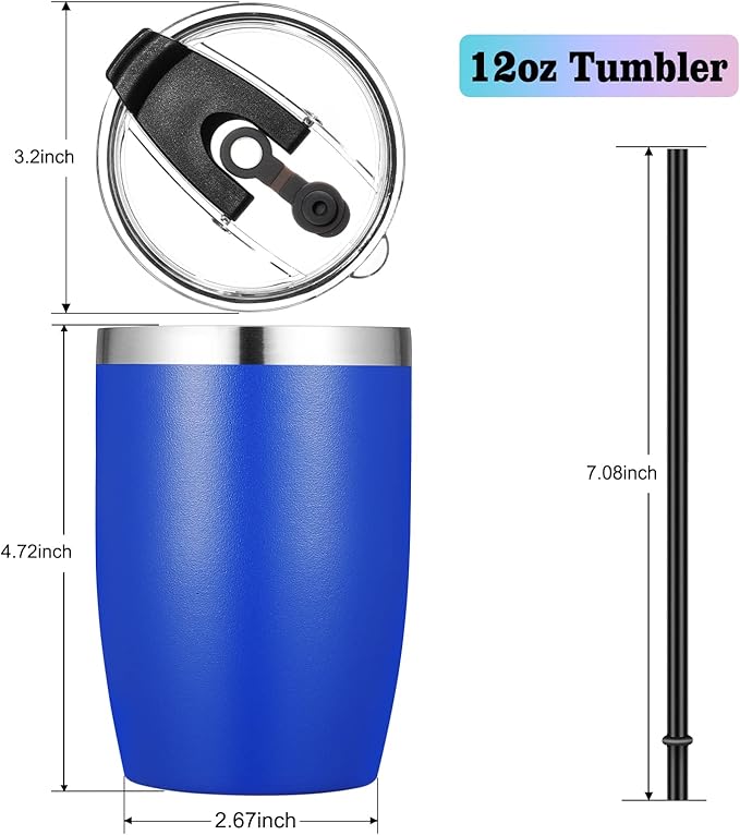 VEGOND Stainless Steel 12 oz Tumblers bulk Vacuum Insulated Double Wall Travel Tumbler with Lid and Straw Reusable Tumbler, Royal Blue 6 pack