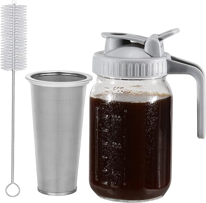 Cold Brew Coffee Maker Glass Pitcher, 32 oz Mason Jar with Pour Spout Handle Lid with Stainless Steel Filter for Iced Coffee, Lemonade, Ice Tea, Fruit Drinks