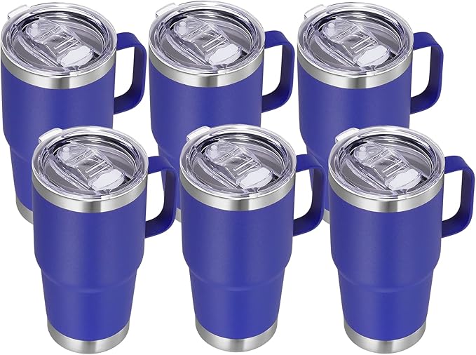 VEGOND 20 oz Tumbler Bulk with Handle Lid and Straw, Stainless Steel Insulated Travel Coffee Mug Set, Spill Proof Double Wall Metal Tumblers Cups, Royal Blue 6 Pack