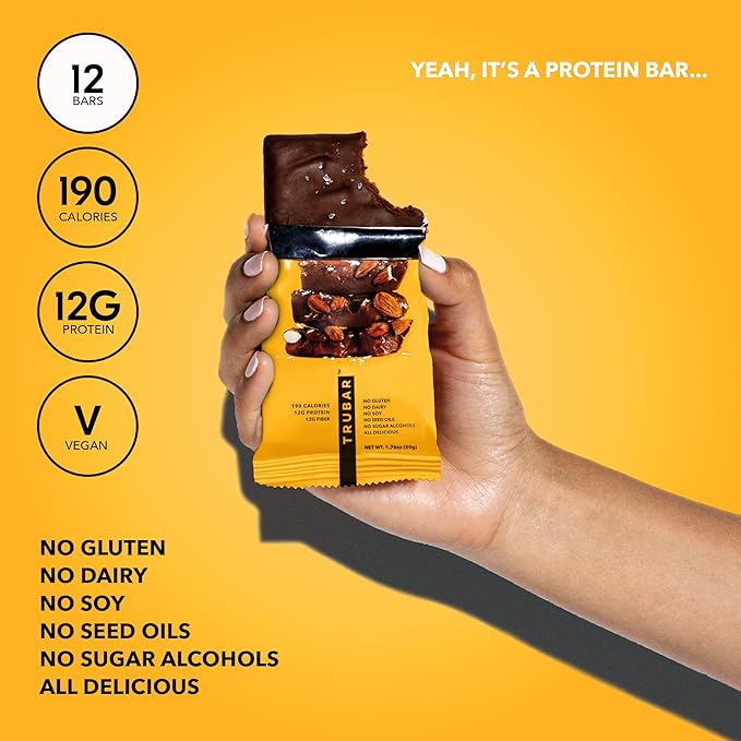 TRUBAR Vegan Protein Bar, Saltylicious Almond Love, Gluten Free, Plant Based, High Fiber, Dairy Free, Low Fat, Non GMO, No Sugar Alcohols, 12G Lean Protein, 13G Fiber, Healthy Snack Bars, 12 CT