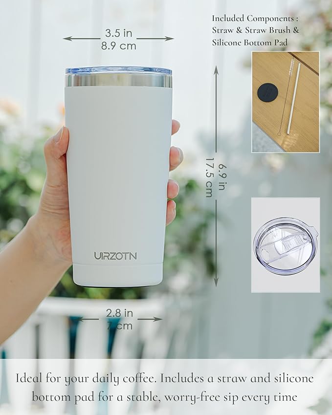 Travel Coffee Tumbler 20oz, Leakproof Travel Coffee Mug with Lid and Straw, Stainless Steel Double Wall Vacuum Insulated Tumbler for Hot/Iced Drinks (Textured Matte, White)