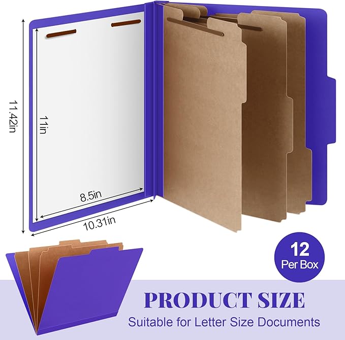 12 Pcs Classification Folders Letter Size, Back to School Supply for Teacher, Student, 3 Dividers Pressboard File Folder Bulk with 2 Fasteners, 3.5 Inch Expanding File Organizer (Purple)