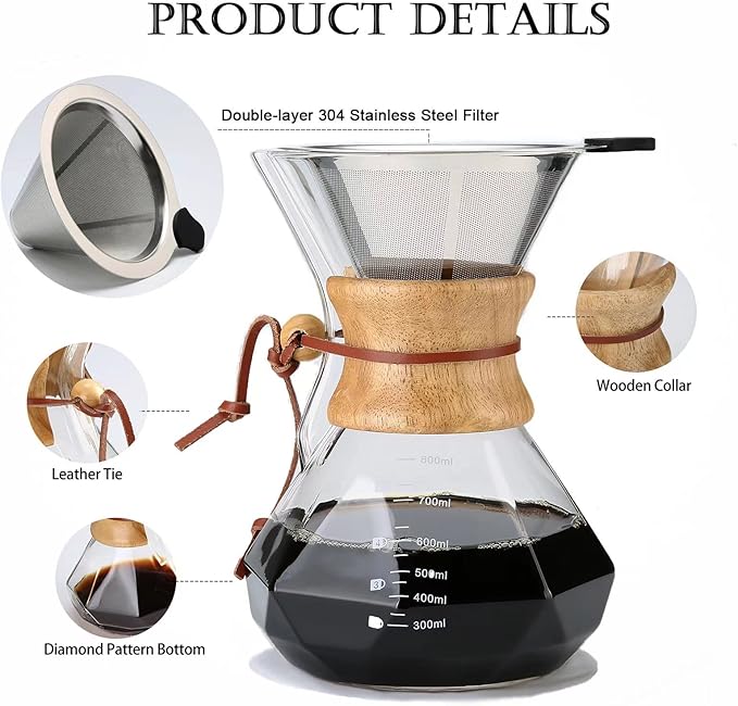 Pour Over Coffee Maker with Reusable Stainless Steel Filter, 27 oz Borosilicate Glass Coffee Carafe, Wooden Collar, Coffee Maker Carafe, Hold 4-6 Cups, 800 ml, Clear