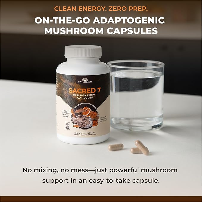 Naturealm Sacred 7 Organic Mushroom Extract Capsules - Premium 7 Mushroom Supplement with Lions Mane, Reishi, Chaga - Immune Support & Focus - 180 Vegetarian Capsules
