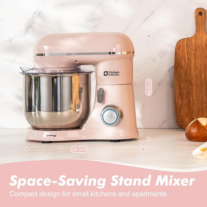 Kitchen in the Box Stand Mixer, 3.5 QT Small Electric Kitchen Mixer, 10-Speed Portable Lightweight Food Mixer with Stainless Steel Bowl, Egg Whisk, Dough Hook, Beater (Light Pink)