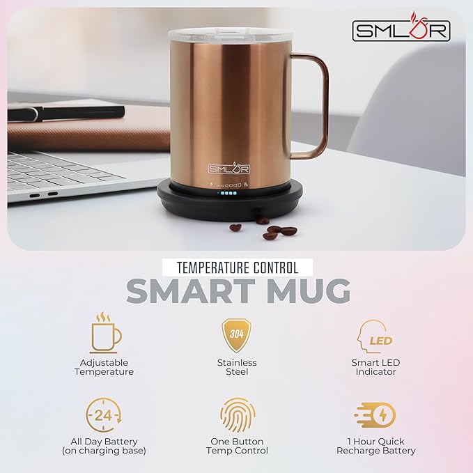 SMLDR Pro Heated Mug, 14 oz Smart Mug, Self-Heating, Adjustable Temperature, Battery Powered Heated Coffee Mug, Quick Recharge Time, Great for Coffee & Tea, Excellent Gift (Rose Gold)