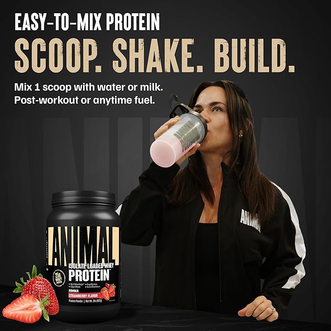 Animal Whey Isolate Protein Powder - Loaded for Pre & Post Workout Muscle Builder and Recovery with Digestive Enzymes for Men & Women - 25g Protein, Great Taste, Low Sugar - Strawberry 2 lbs