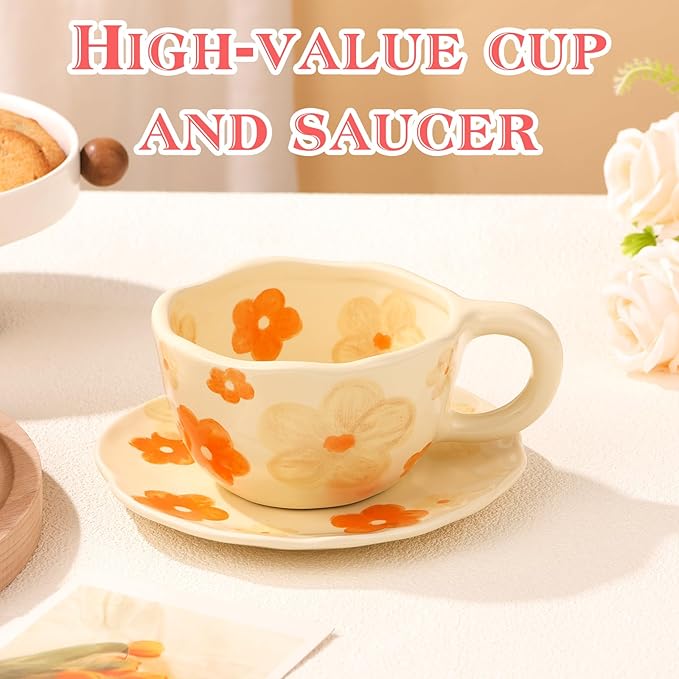 Cappuccino Cups with Saucers 8 oz Latte Art Cup Ceramics Coffee Mugs Irregular Aesthetic Flower Cups for Espresso, Double Shot, Americano, Latte, Tea - Microwave and Dishwasher Safe (Orange Flowers)