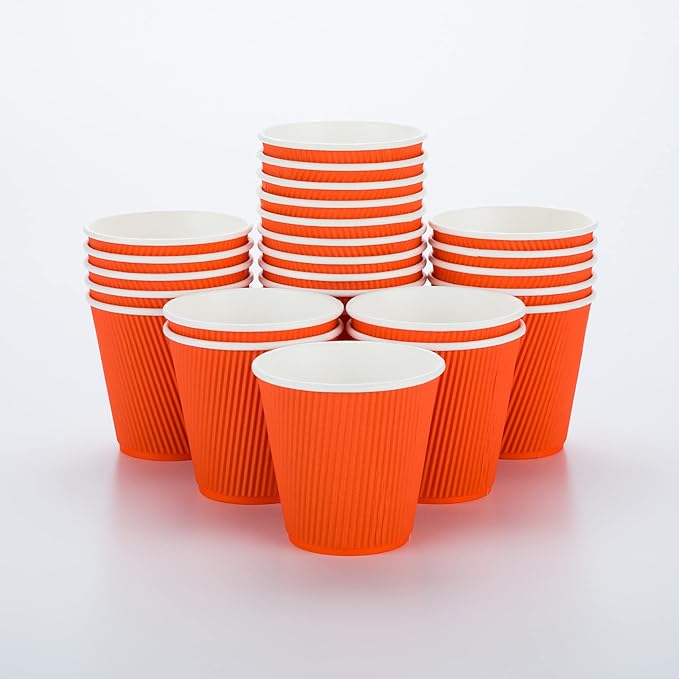 Restaurantware 8 Ounce Double Wall Disposable Coffee Cups, 25 Insulated Orange Paper Tumblers with Ripple Wall Design, Lids Sold Separately for Hot Drinks like Tea, Hot Chocolate, and More
