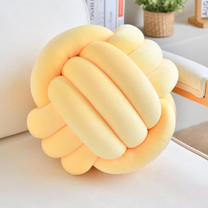 Decorative Throw Knot Pillow Ball for Home Chair Sofa Couch Bed Aesthetic Round Velvet Knotted Pillow Cushion (Yellow, 11 inches)