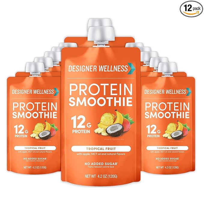 Designer Wellness Protein Smoothie, Real Fruit, 12g Protein, Low Carb, Zero Added Sugar, Gluten-Free, Non-GMO, No Artificial Colors or Flavors, Tropical, 12 Count